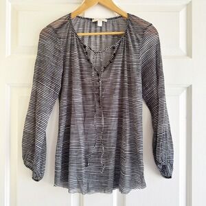 Weston Wear Y2K Black White Stripe Sheer Long Sleeve Tie‎ Neck Top Small Gothic